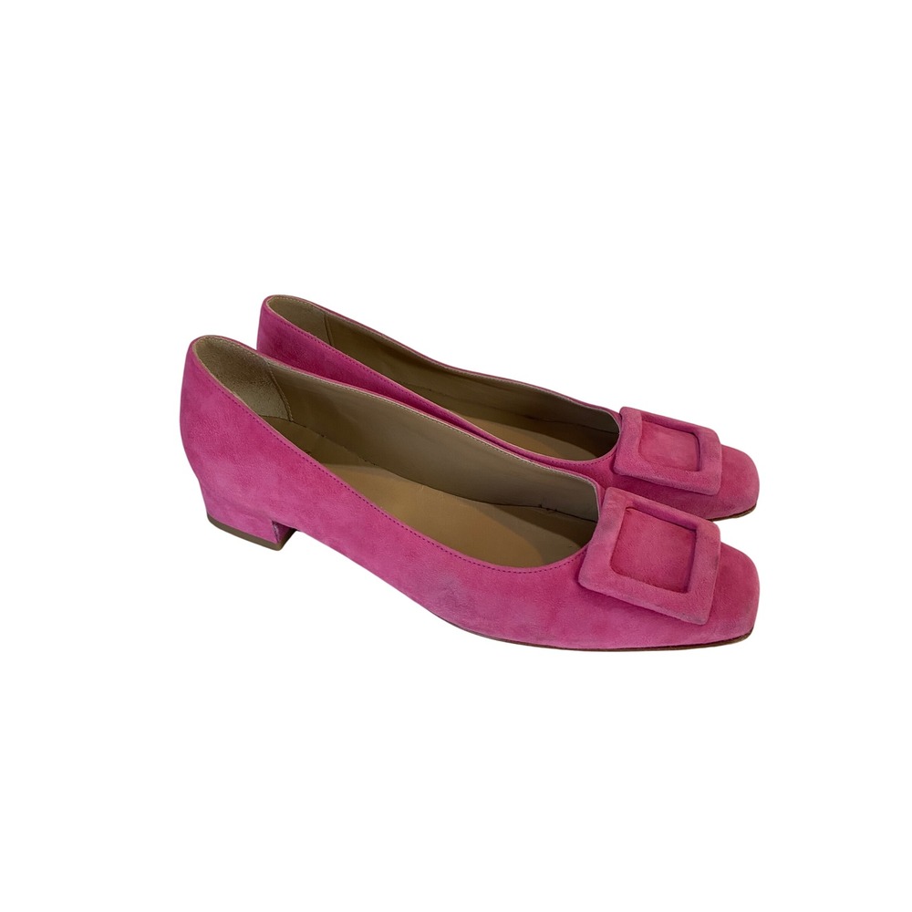 Ann Mashburn Pink Suede Buckle Shoe Square Toe Block Heel Made in Italy 37.5
